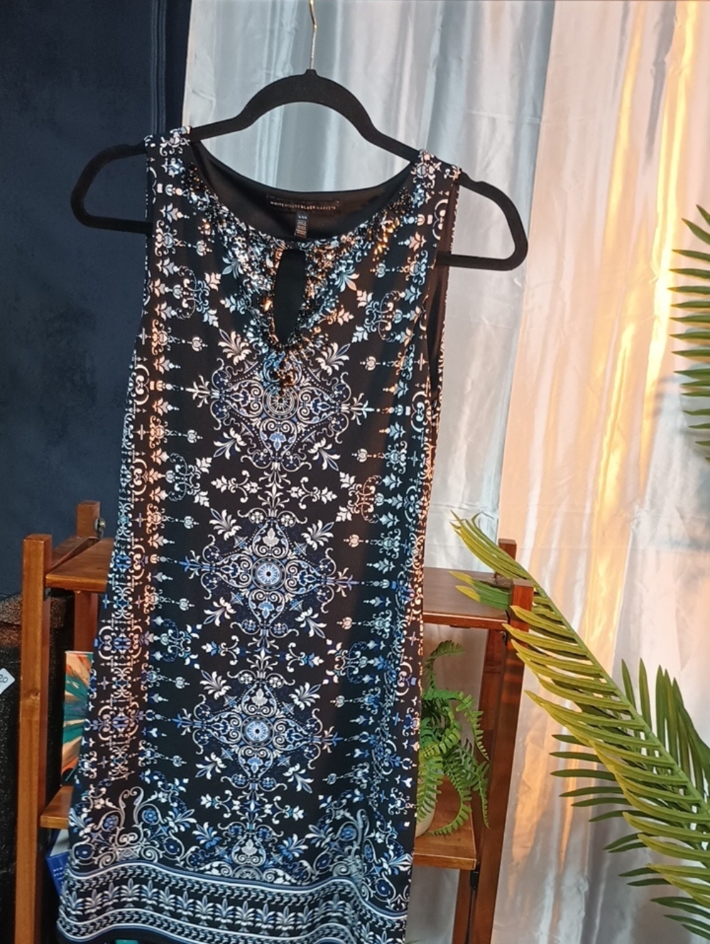 White House Black Market Black & Blue Printed Midi Dress